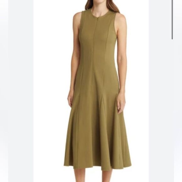Nordstrom Zip Front Sleeveless Ponte A-Line Dress in Olive Extract Medium NEW - Picture 1 of 10